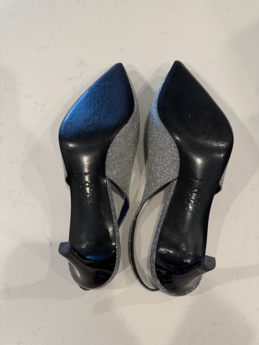 Gently used Tory Burch Silver Glitter Pointed Slingback Heels with Logo 8.5 - Picture 5 of 7